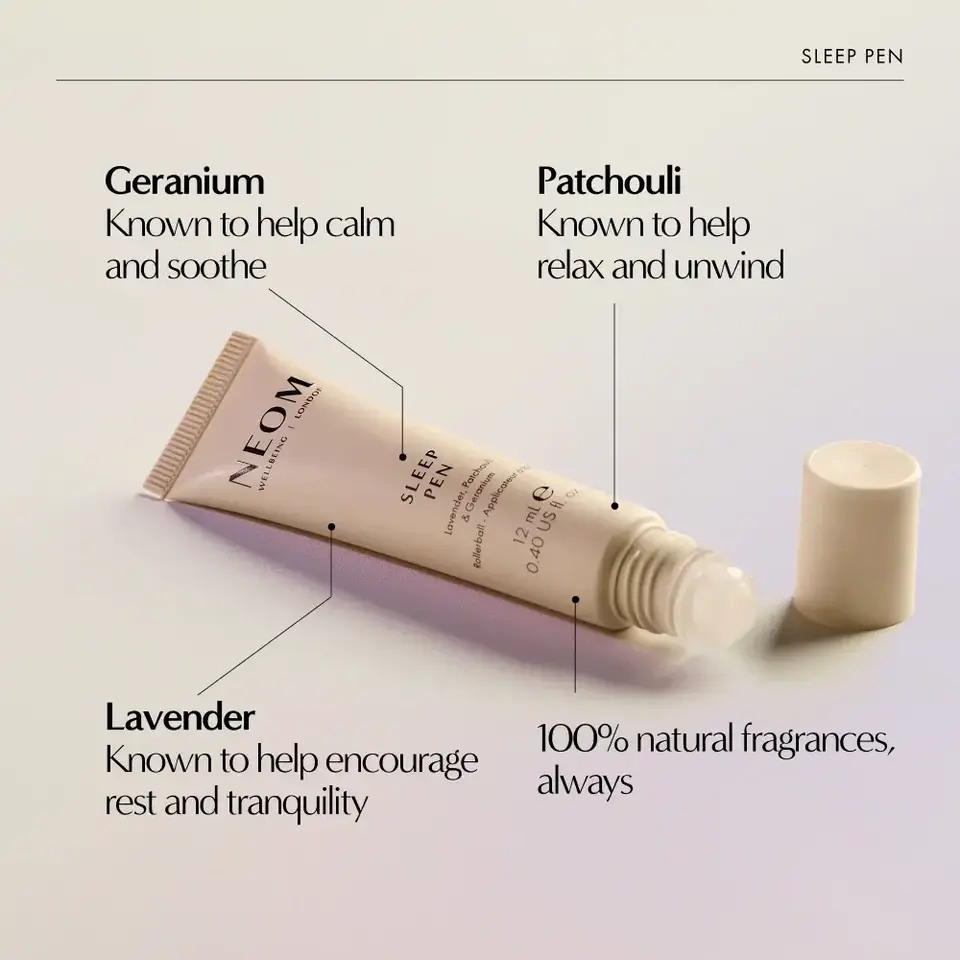 NEOM Sleep Pen with geranium, patchouli, and lavender. Promotes calm, relaxation, and tranquillity.