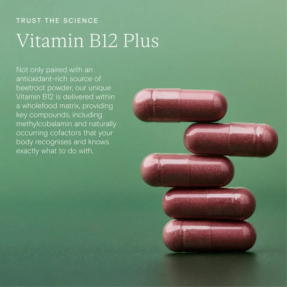 Vitamin B12 Plus capsules stacked on green background with descriptive text.