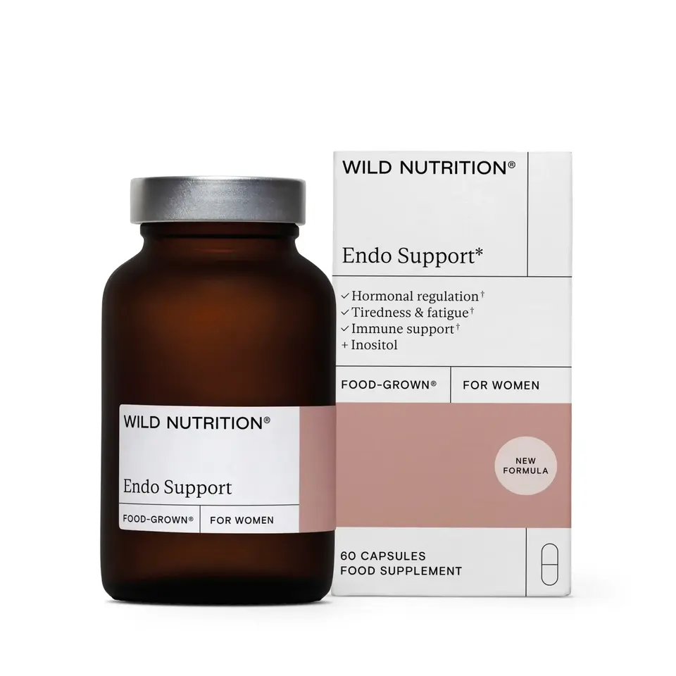 Wild Nutrition Endo Support bottle and box, 60 capsules, for hormonal regulation and immune support.