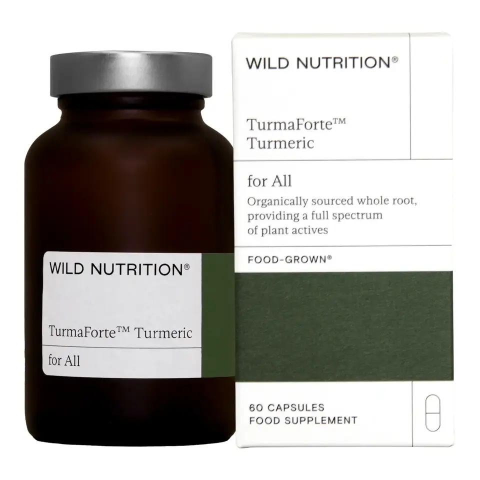 Wild Nutrition TurmaForte Turmeric bottle and box, 60 capsules, food supplement.