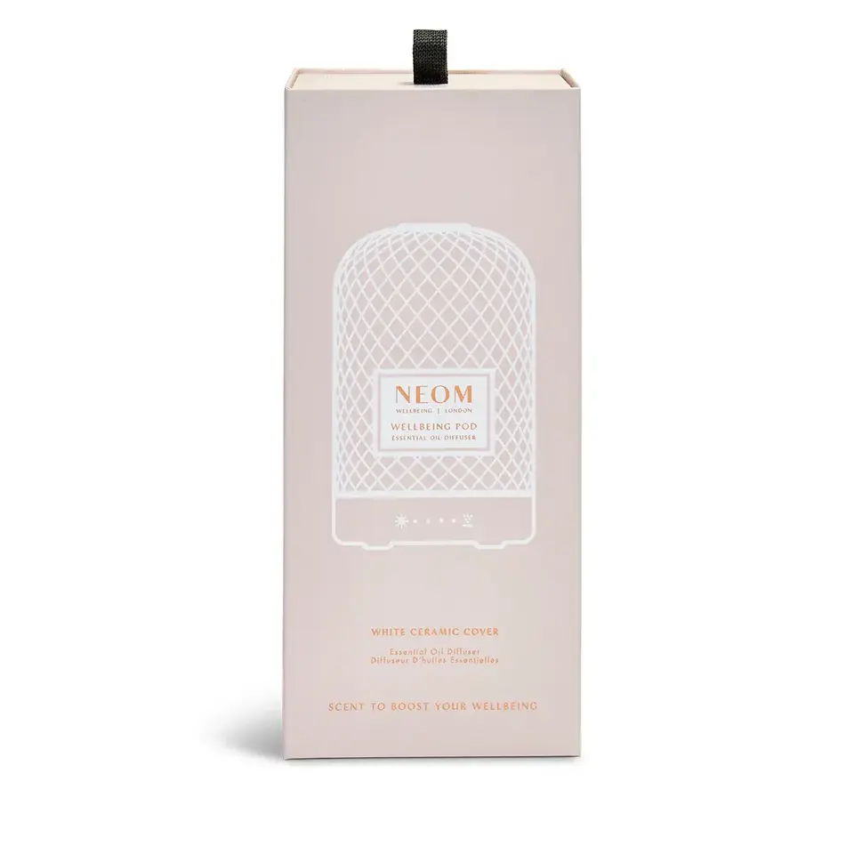 Neom Wellbeing Pod diffuser box with white ceramic cover design.