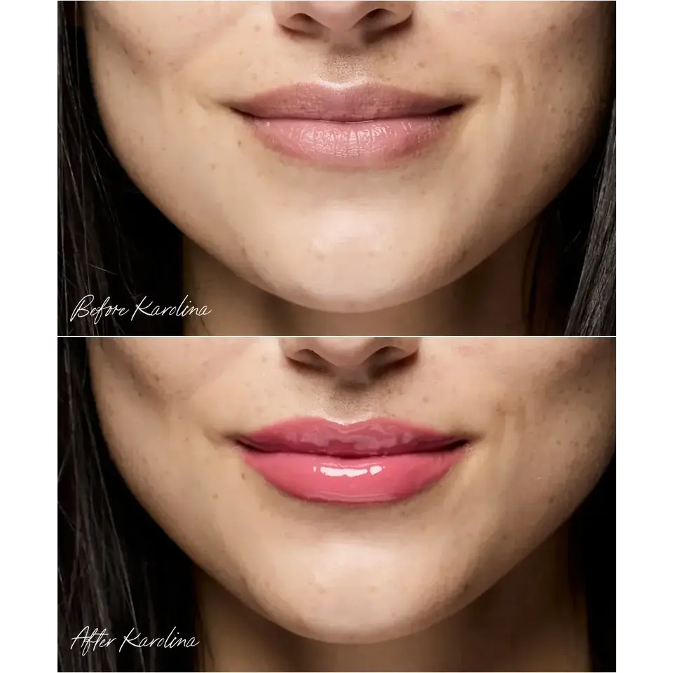 Close-up of lips before and after applying pink lip gloss.