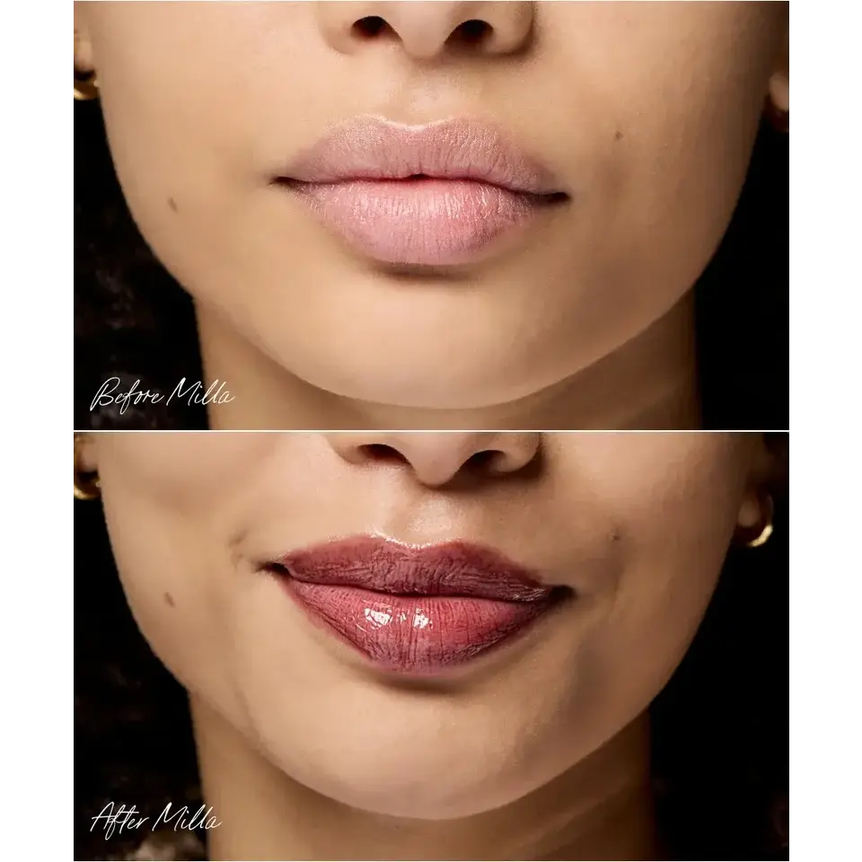 Close-up of lips before and after applying Milla lipstick.