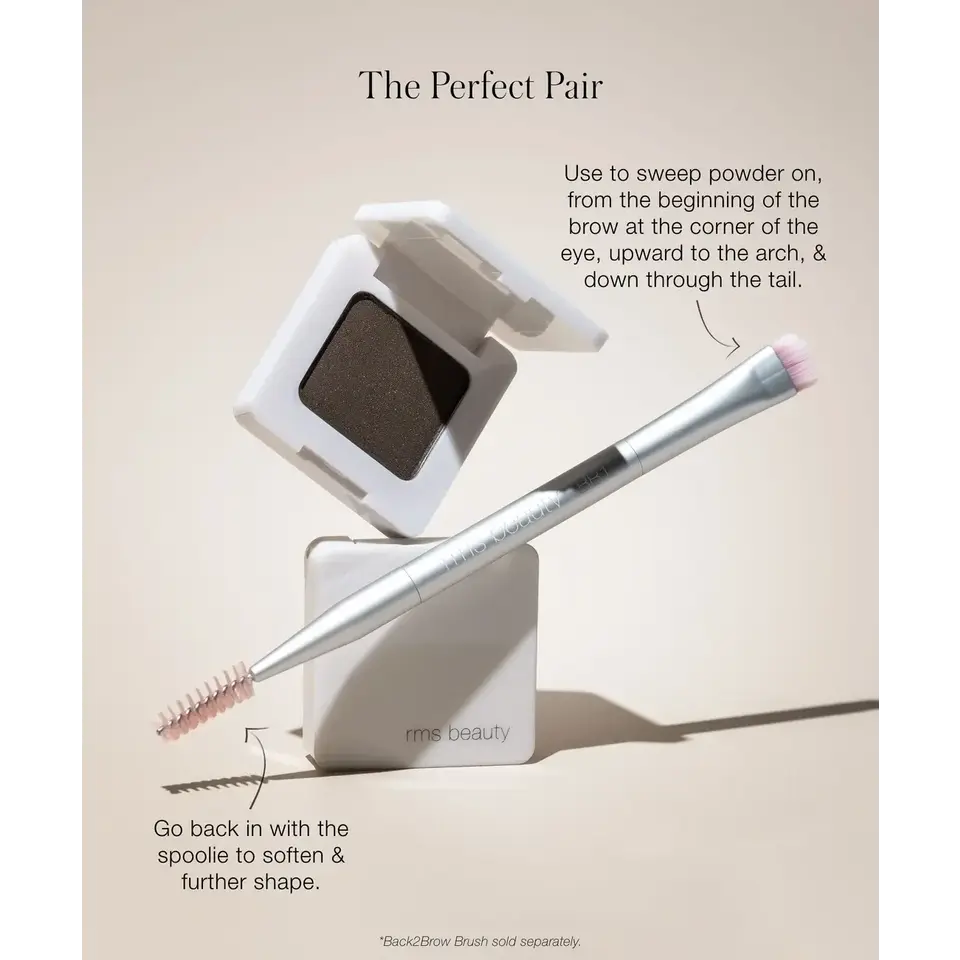 Brow powder and dual-ended brush with spoolie on beige background. Text: "The Perfect Pair".