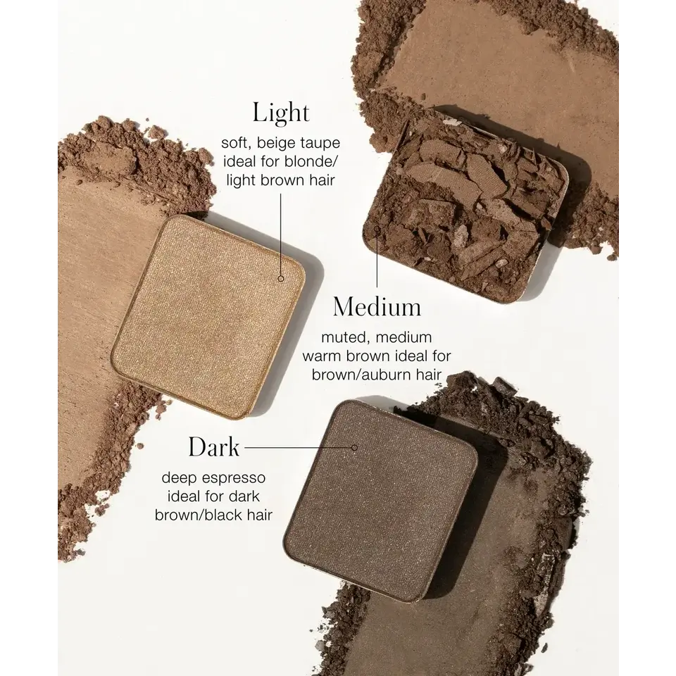 Three hair powders: Light beige taupe, Medium warm brown, Dark espresso. Text describes hair suitability.