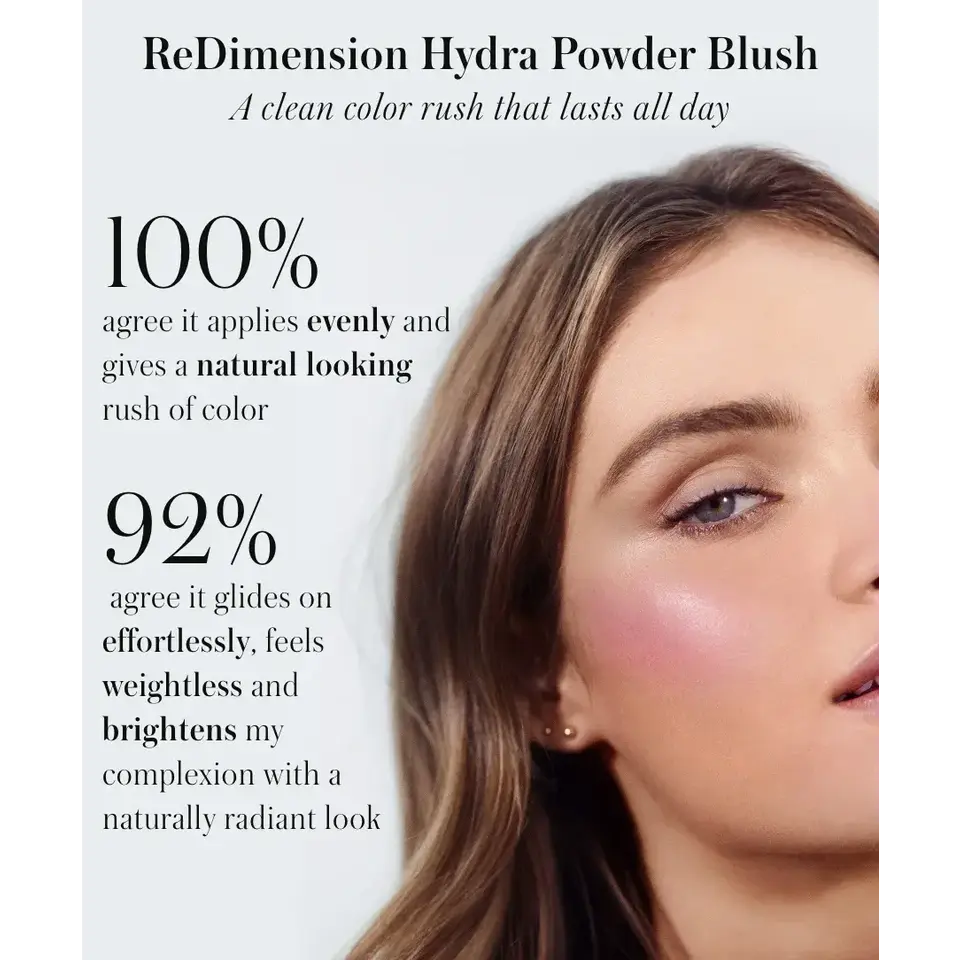 ReDimension Hydra Powder Blush text with a model showing pink blush on her cheek.
