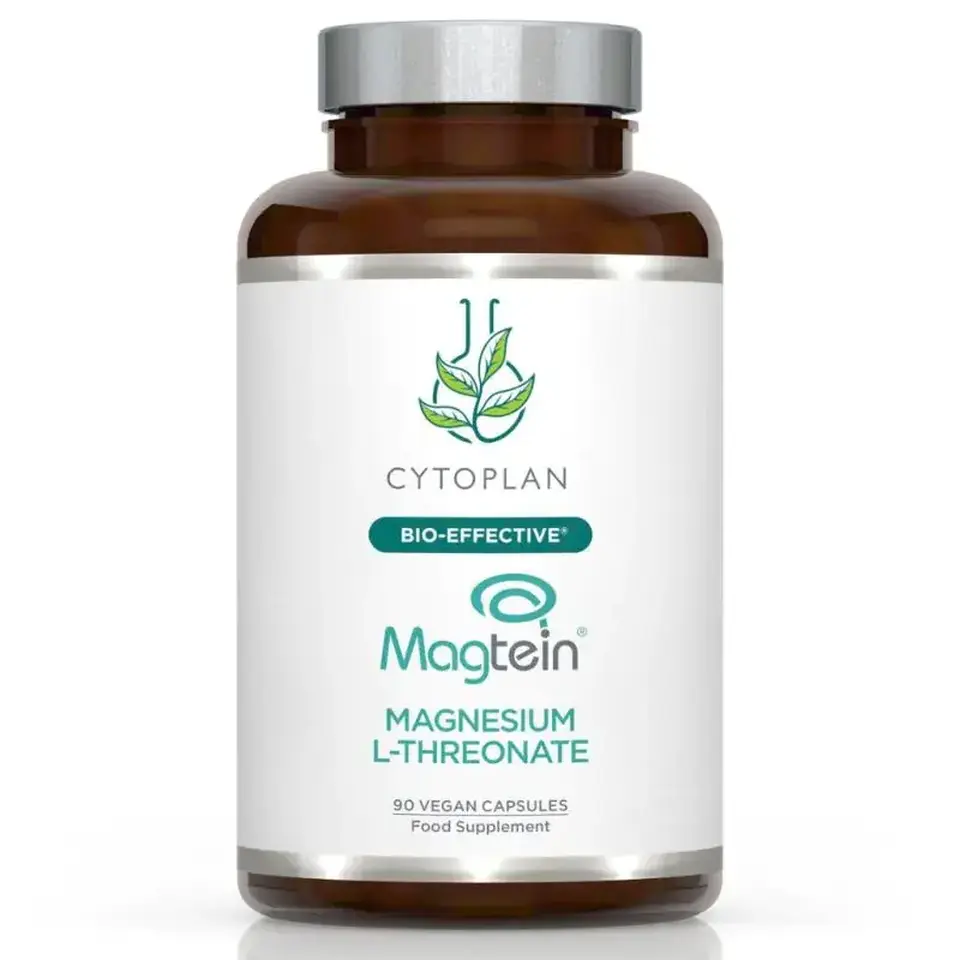 Cytoplan Magtein Magnesium L-Threonate, 90 vegan capsules, food supplement bottle.