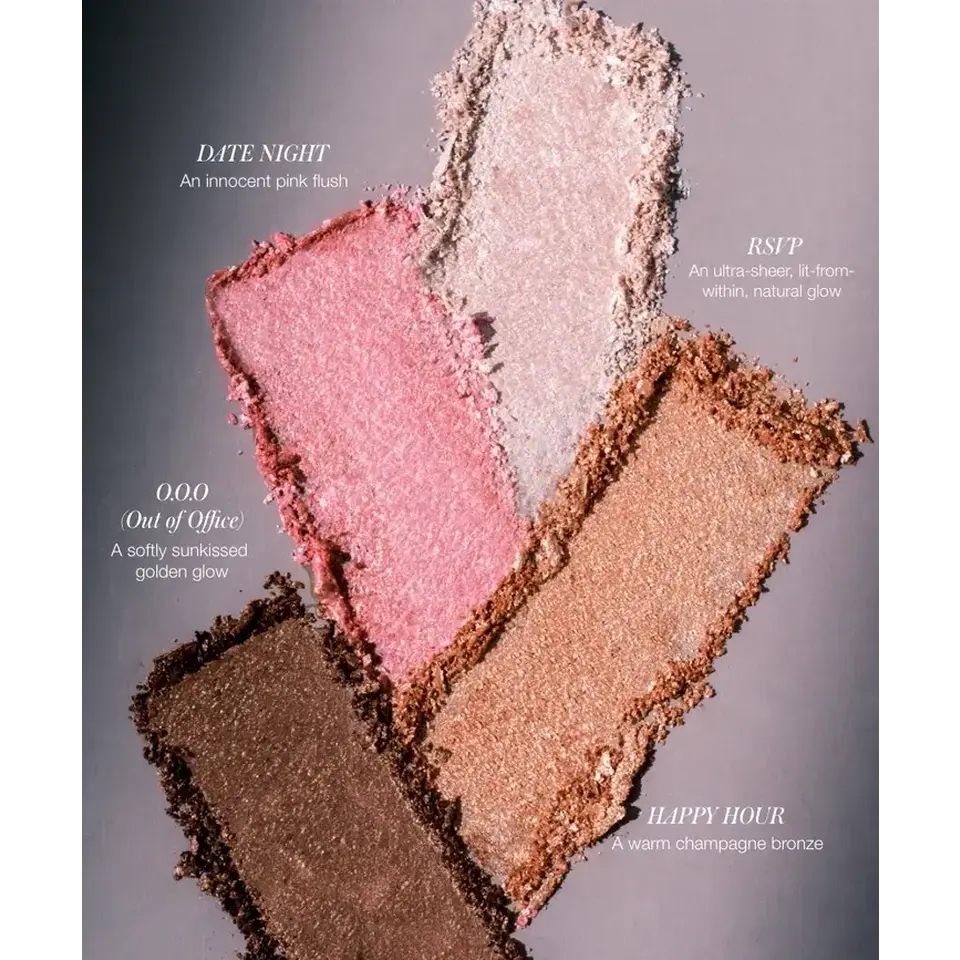 Four makeup swatches: pink, sheer, golden, and bronze with descriptive text.