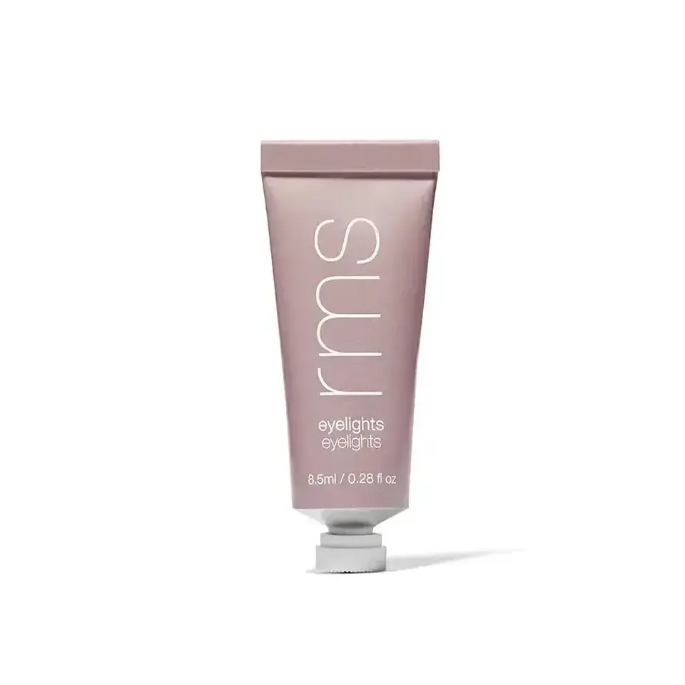 Pink tube of rms eyelights, 8.5ml, with white cap on white background.