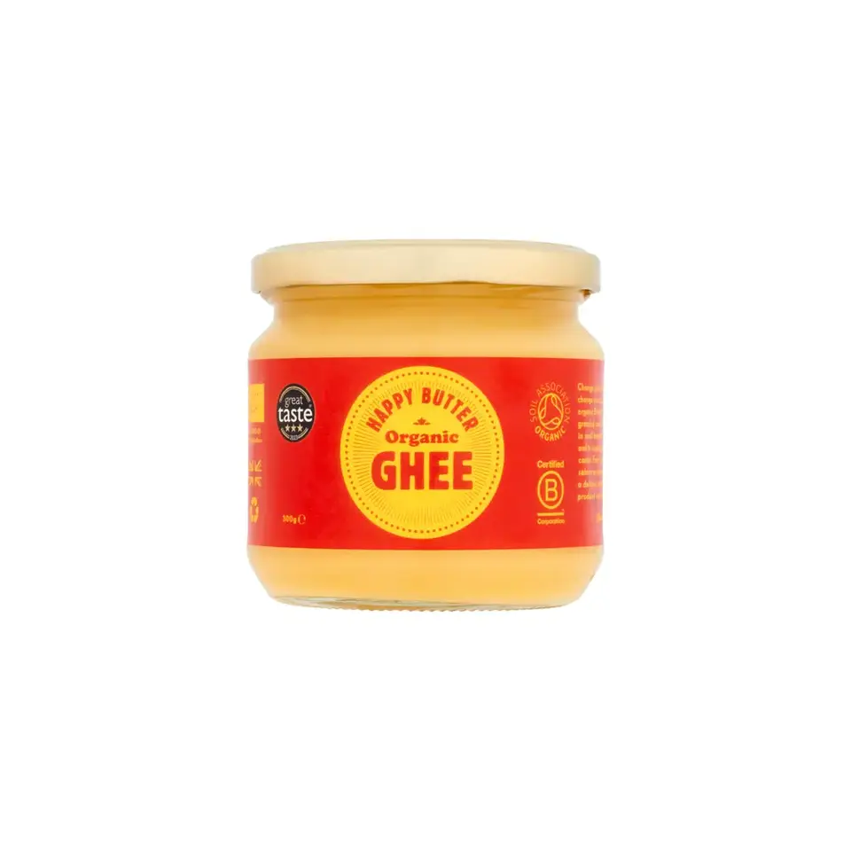 Jar of Happy Butter Organic Ghee with red and yellow label.