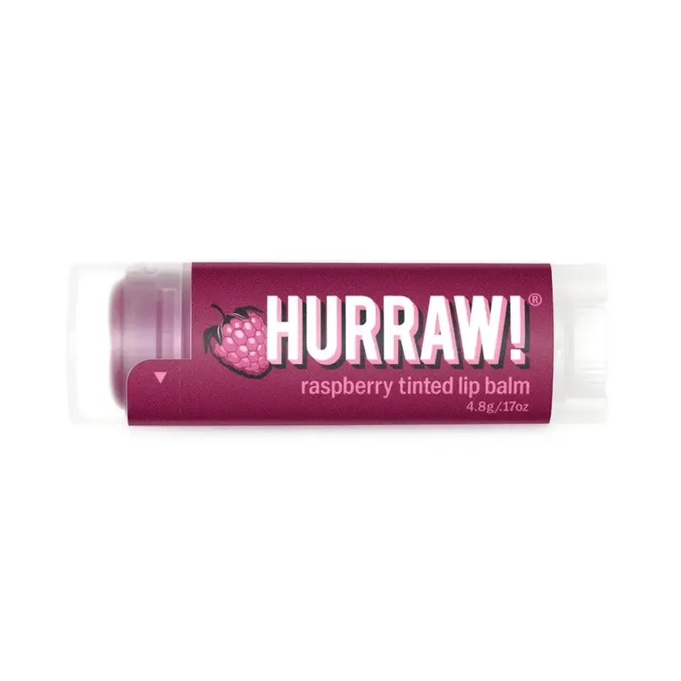Hurraw! raspberry tinted lip balm, 4.8g tube with raspberry graphic.