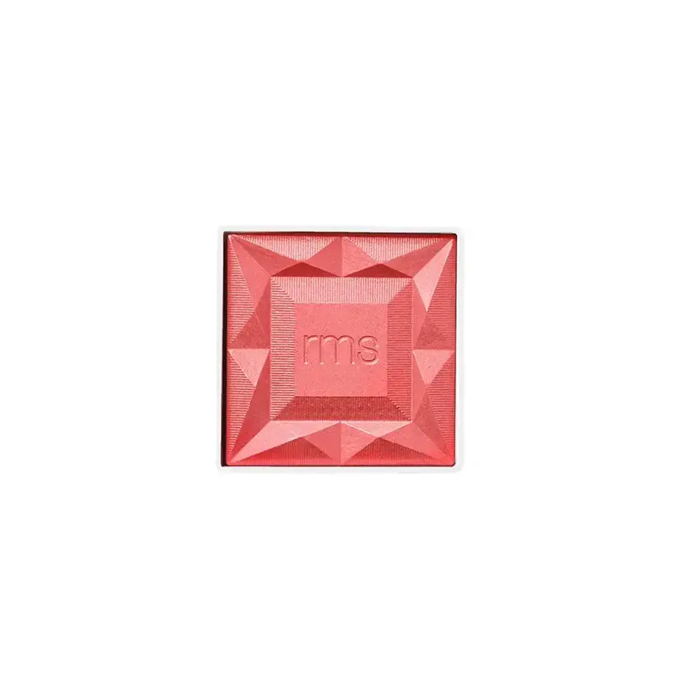 Square red blush compact with "rms" embossed in the centre.