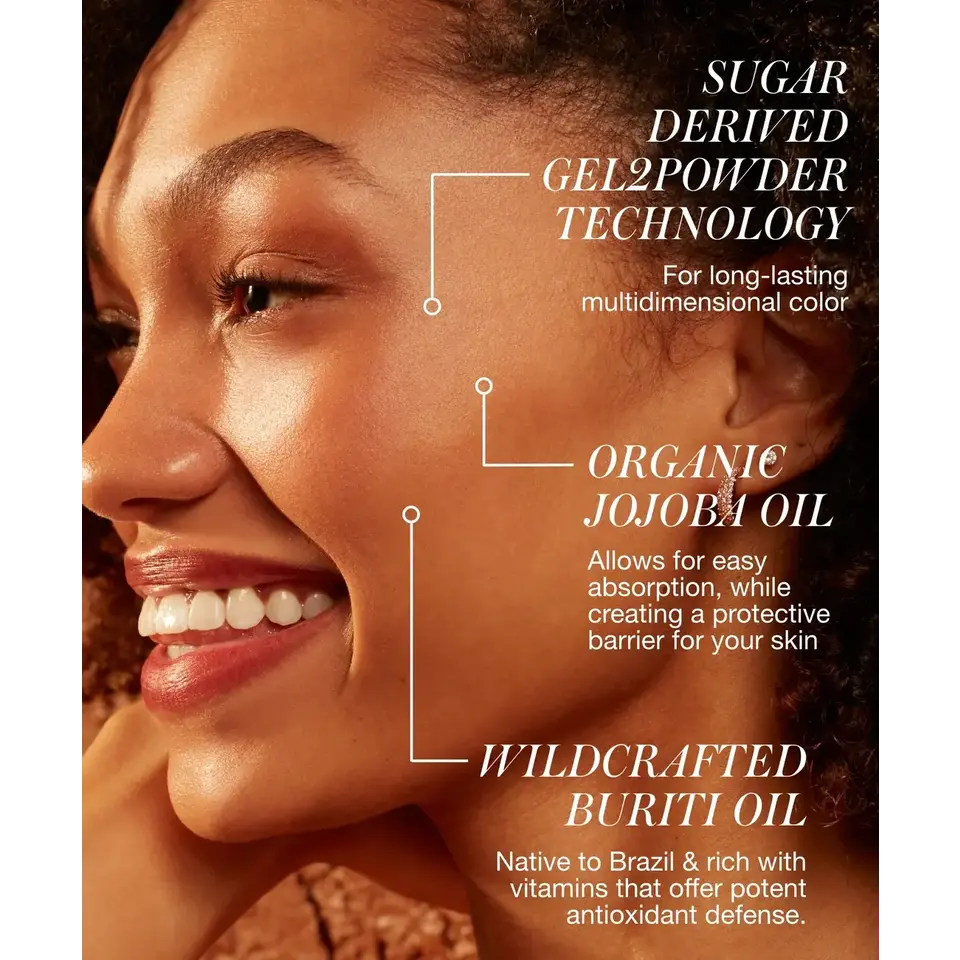 Smiling woman with text about skincare ingredients: sugar-derived gel, jojoba oil, buriti oil.