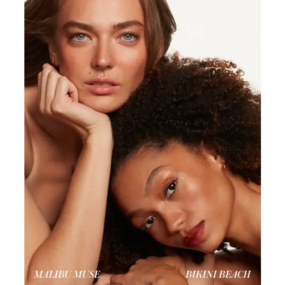 Two women with natural makeup, text: "Malibu Muse" and "Bikini Beach".