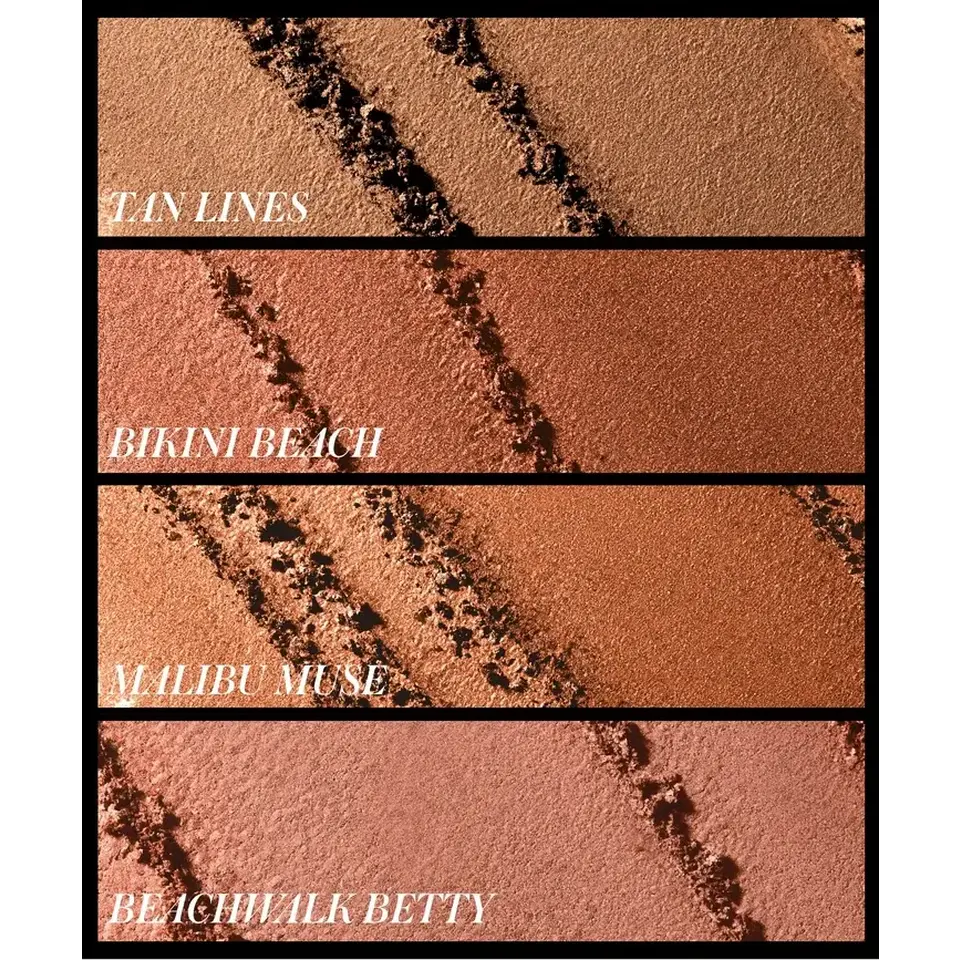 Four sand-textured makeup swatches: Tan Lines, Bikini Beach, Malibu Muse, Beachwalk Betty.