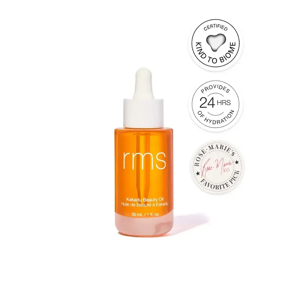 RMS Kakadu Beauty Oil, 30ml bottle, with certification and hydration badges.