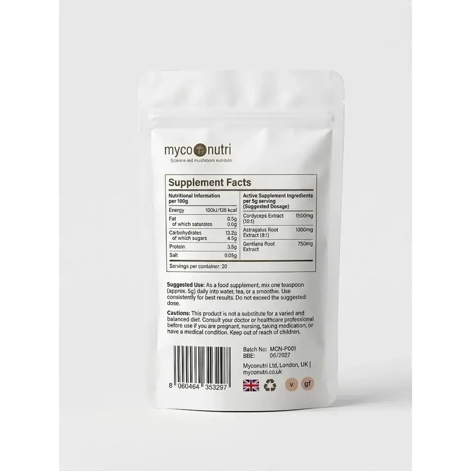 White pouch with supplement facts, MycoNutri logo, and UK contact details.