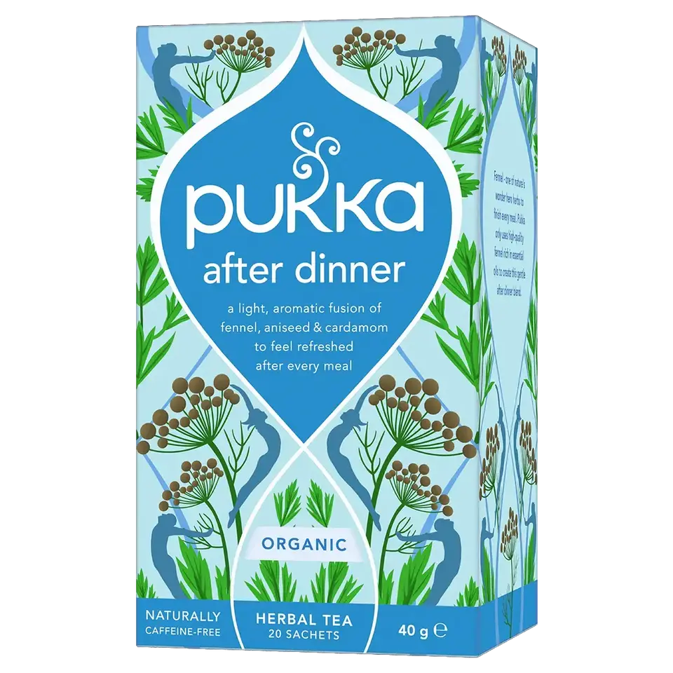Pukka After Dinner herbal tea box with fennel, aniseed, and cardamom design. Organic, 20 sachets, 40g.