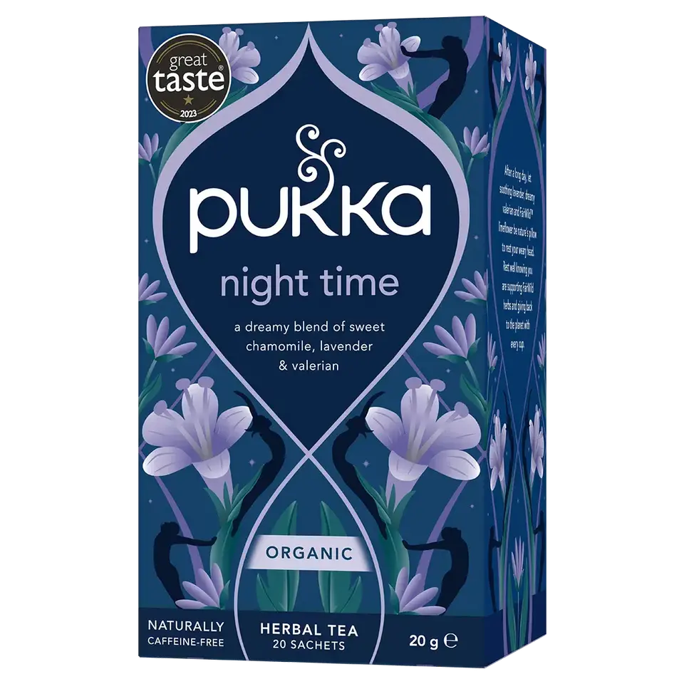 Pukka Night Time herbal tea box with chamomile, lavender, valerian. Organic, 20 sachets, 20g.