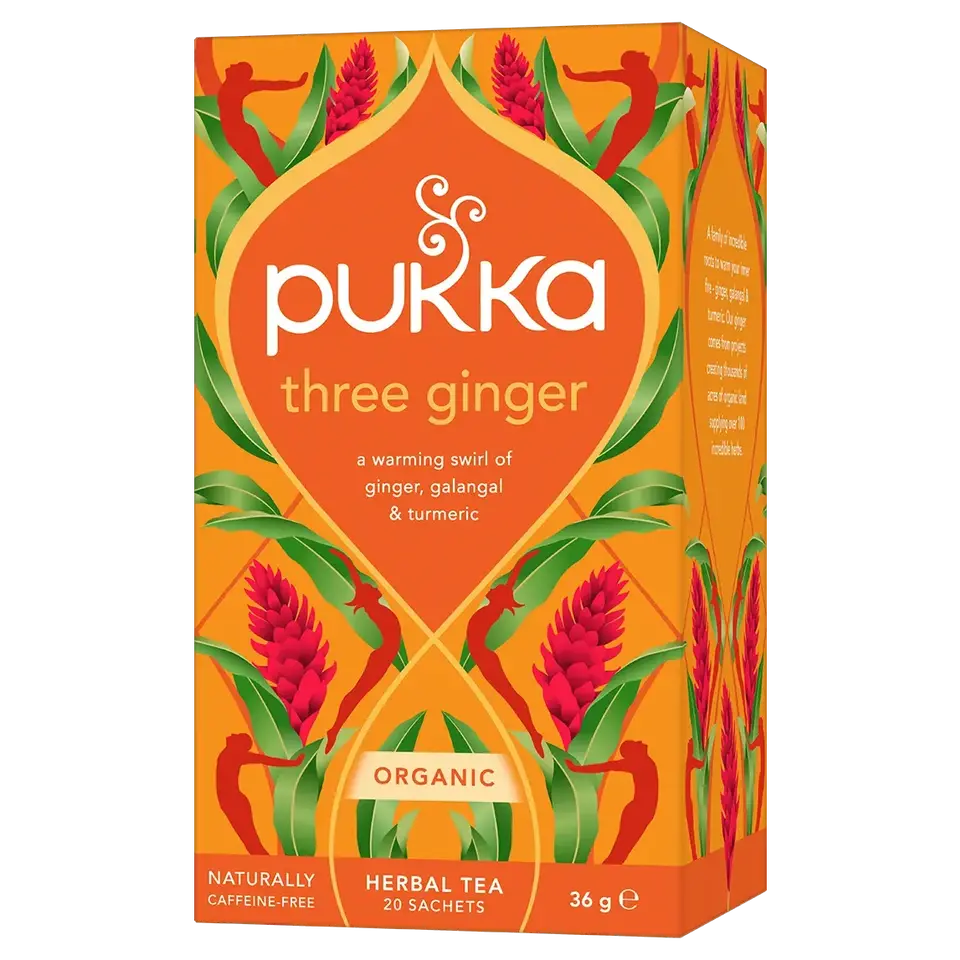 Pukka Three Ginger tea box with ginger, galangal, turmeric design. Contains 20 sachets, 36g.