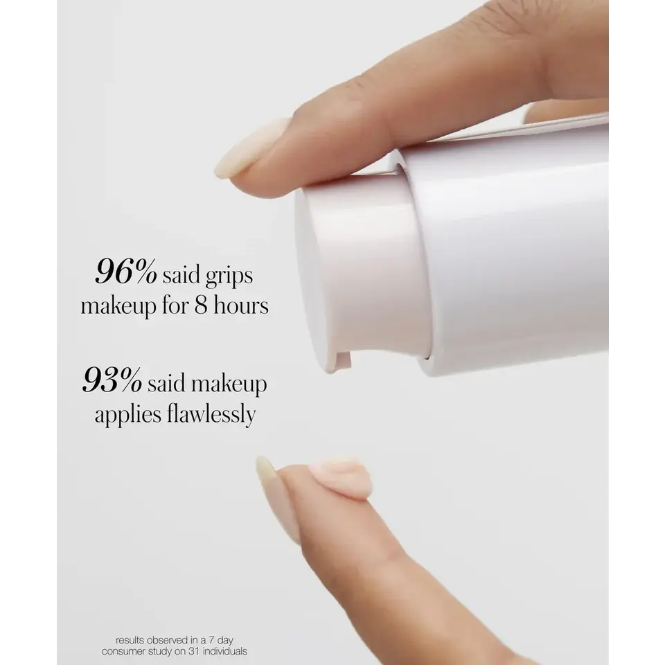 Hand pressing pump of skincare product, text: 96% grips makeup 8 hours, 93% applies flawlessly.