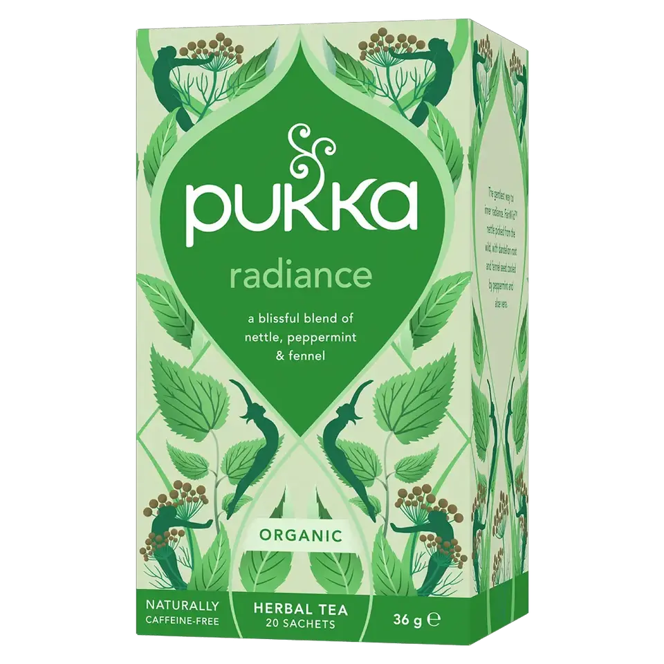 Pukka Radiance herbal tea box with nettle, peppermint, and fennel. Organic, 20 sachets, 36g.