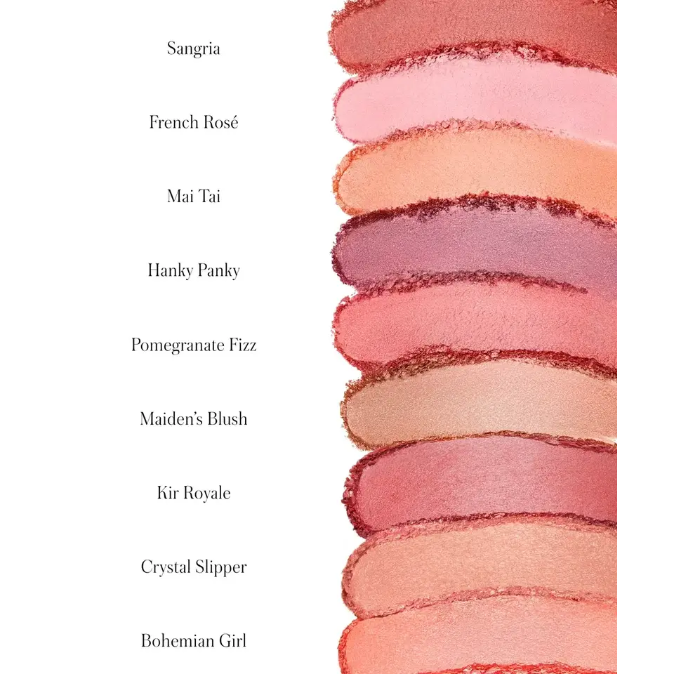 Lipstick swatches with names: Sangria, French Rosé, Mai Tai, Hanky Panky, Pomegranate Fizz.