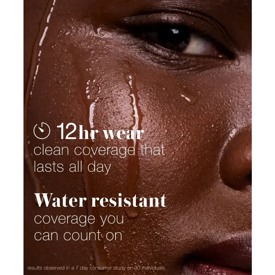 Close-up of a face with water droplets. Text: "12hr wear, water resistant coverage.