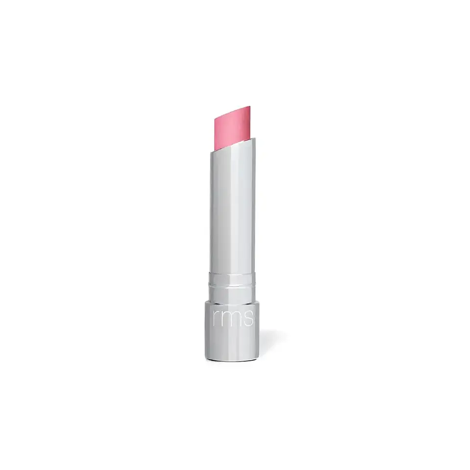 Silver tube of pink lipstick with "rms" on the cap.