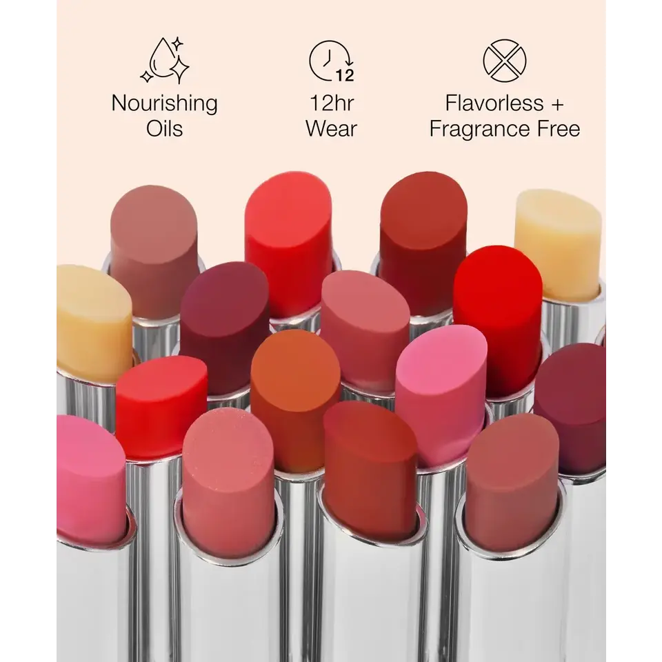 Assorted lipsticks with nourishing oils, 12-hour wear, flavourless and fragrance-free.