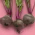 Three fresh beetroots with leaves on a pink background.