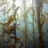Underwater view of tall, flowing kelp plants in a blue ocean setting.