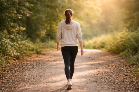 Person walking on a forest path in sunlight, wearing a hoodie and leggings.