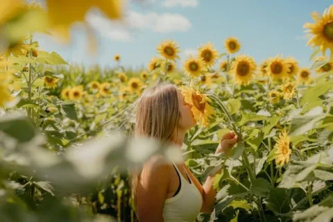 Woman in a sunflower field, smelling a sunflower under a clear blue sky.