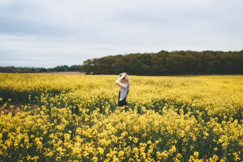Person standing in a field of yellow flowers under a cloudy sky.