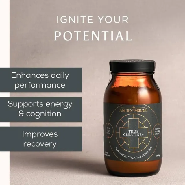 Brown jar of True Creatine+ with text: "Ignite Your Potential".