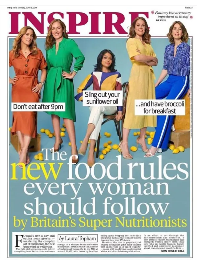 Five women in colourful outfits with text: "The new food rules every woman should follow".