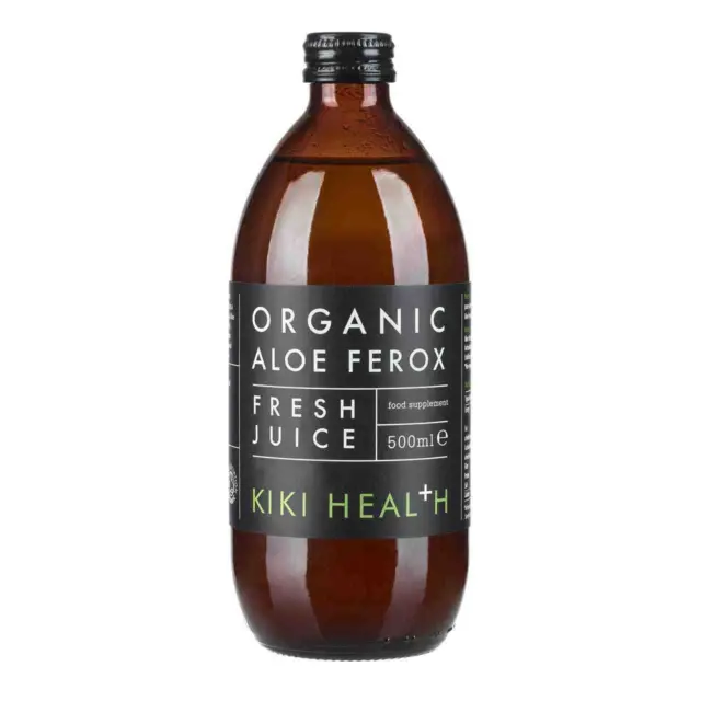 Brown bottle of Kiki Health Organic Aloe Ferox Fresh Juice, 500ml.