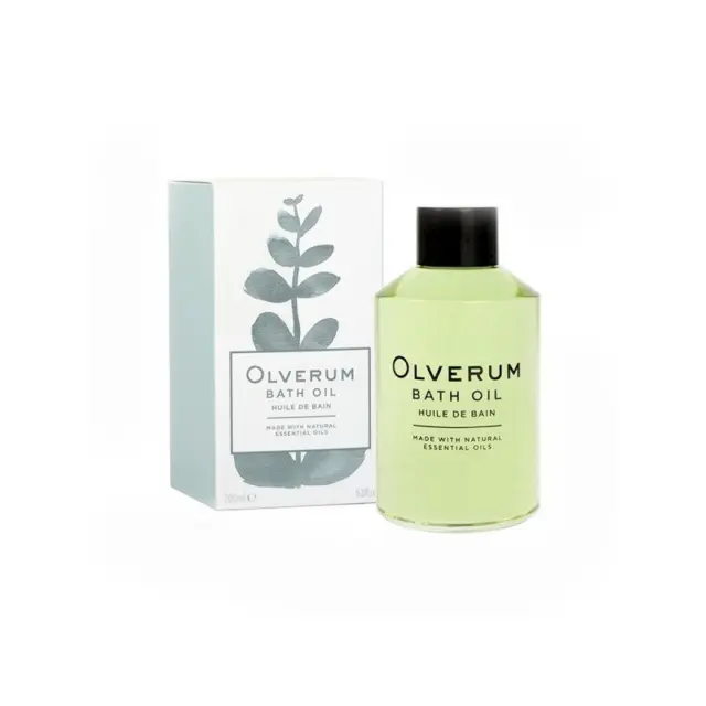 Olverum Bath Oil bottle and box with leaf design, 200ml.