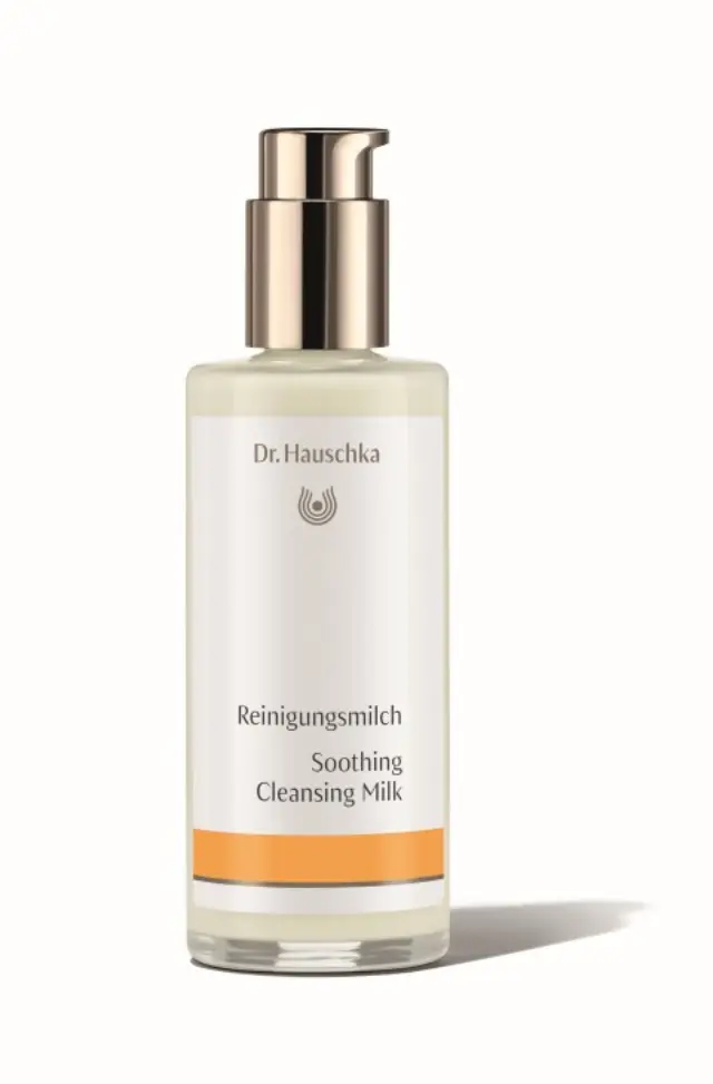 Dr. Hauschka Soothing Cleansing Milk bottle with pump dispenser.