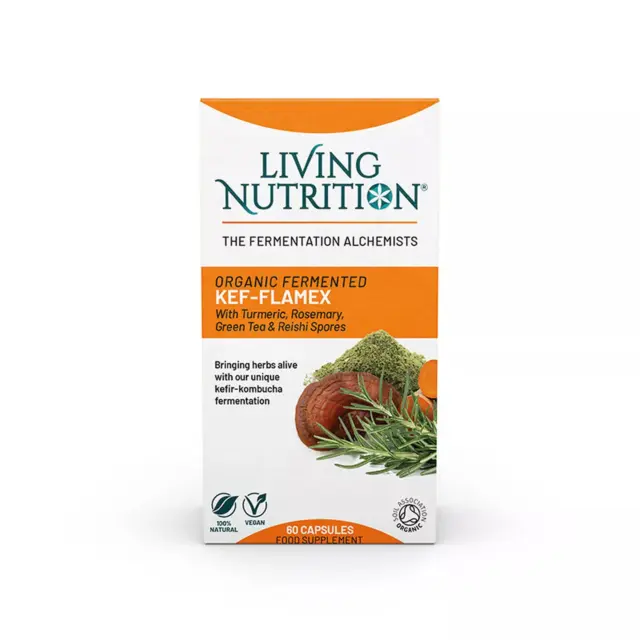 Living Nutrition Kef-Flamex supplement box with turmeric, rosemary, and reishi spores. 60 capsules.