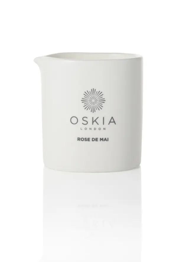 White ceramic jar with "OSKIA London" and "Rose de Mai" text.