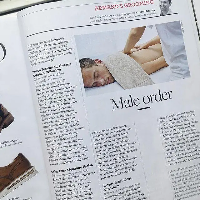 Magazine page with a man receiving a massage, titled "Male order".
