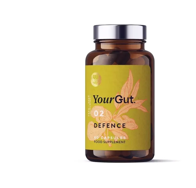YourGut Defence 02, 60 capsules, food supplement in a brown bottle with green label.