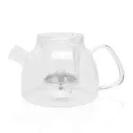 Clear glass teapot with handle and spout, featuring an internal infuser.