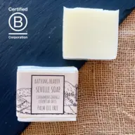 Seville soap with cinnamon and orange essential oils, palm oil free, on slate and burlap.