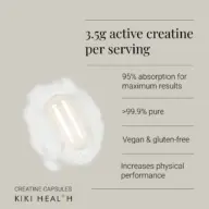 Creatine capsule on powder. Text: 3.5g active creatine, 95% absorption, vegan, gluten-free. Kiki Health.