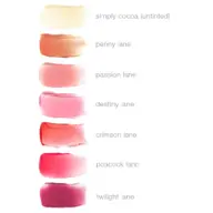 Seven lipstick swatches with names: simply cocoa, penny lane, passion lane, destiny lane, crimson lane, peacock lane, twil...