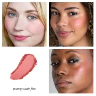 Three women wearing pink blush. Swatch labelled "pomegranate fizz".