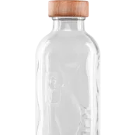 Clear glass bottle with wooden lid, embossed logo on side.